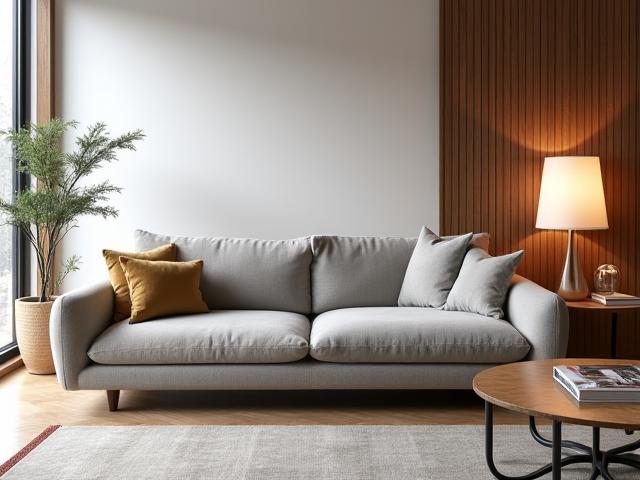 Nydelig, håndlaget skreddersydd sofa i et moderne, minimalistisk rom.